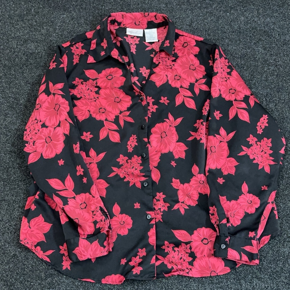 Kathie Lee Shirt Womens Plus 26W Black Berry Floral Long Sleeve Button Top